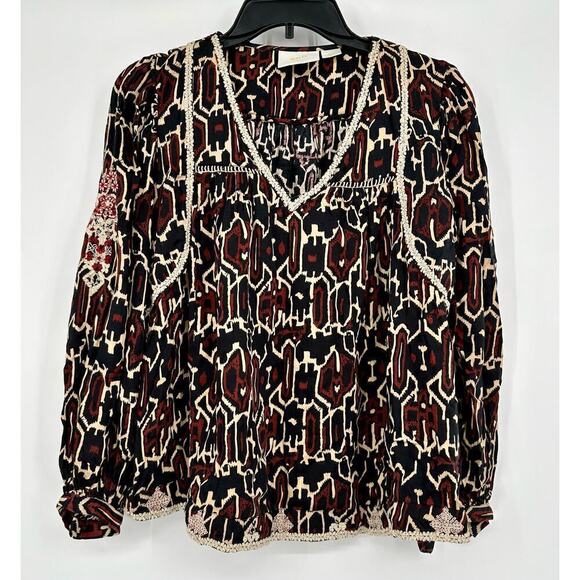 Anthropologie Maeve Veda Embroidered Blouse Size XSP  Brown Motif - Picture 4 of 10